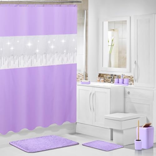 24PCS Bathroom Sets with Shower Curtain and Rugs,Bathroom Sets with Extra Soft and Absorbent Bath Rugs Purple Shower Curtain Set