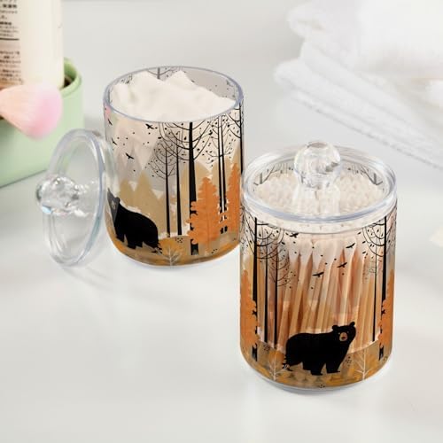 MNSRUU 2 Pack Qtip Holder Organizer Dispenser Black Bear Forest Pink Bathroom Storage Canister Cotton Ball Holder Bathroom Containers for Cotton Swabs/Pads/Floss