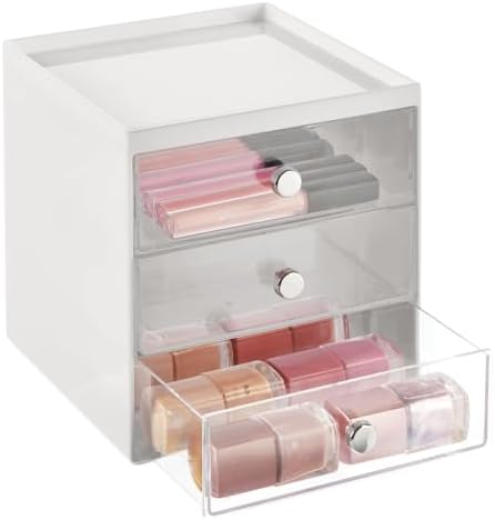 mDesign Plastic 3 Drawer Organizer for Makeup Storage - Large Stackable Makeup Organization and Storage Cube with Drawers for Bathroom, Vanity, Desk - Makeup Storage Drawers - Light Gray/Clear