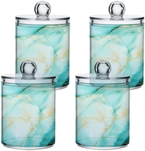 MNSRUU 4 Pack Qtip Holder Organizer Dispenser Teal Blue Cracked Marble Bathroom Containers Bathroom Vanity Storage Canister Apothecary Jars for Cotton Swabs/Pads/Floss