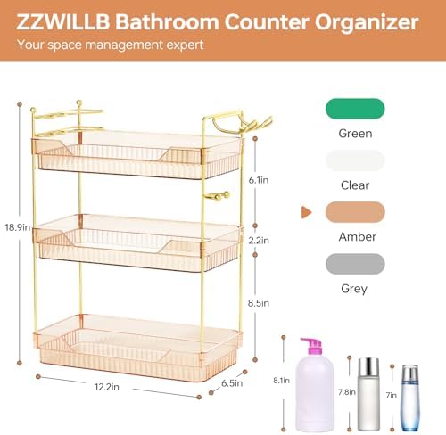 3-Tier Bathroom Countertop Organizer - Amber Acrylic Vanity Trays with Hair Dryer & Toothbrush Holder - Luxury Skincare, Perfume & Makeup Storage Rack for Countertop, Dresser & Cabinet