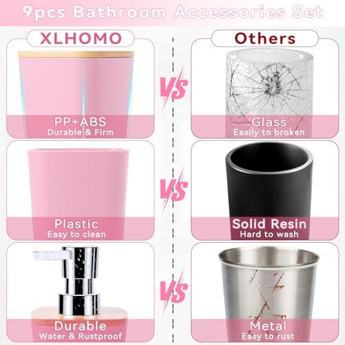 Bathroom Accessories Set, 9 Piece Pink Bathroom Decor Sets with Trash Can,Toothbrush Holder,Toothbrush Cup,Lotion Soap Dispenser,Vanity Tray,Soap Dish,Toilet Brush,Qtip Holder