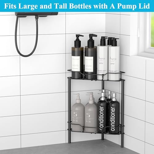 HuggieGems Metal Floor Standing Corner Shower Caddy, Black, 2 Tier