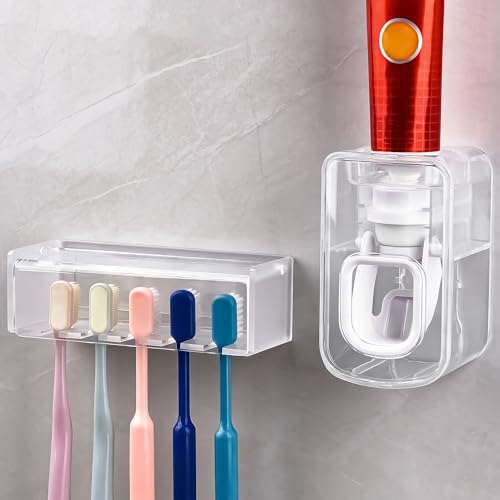 5 Slots Wall Mount Toothbrush Holder with Cover, Self Adhesive Tooth Brush Storage Organizer for Shower Bathrooms, Toothbrush Stand with Automatic Toothpaste Squeezer Dispenser