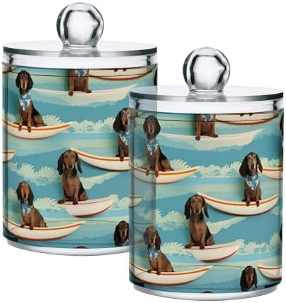 Dachshunds on Surfboards Qtip Holder Dispenser 2 Pack Apothecary Jars Bathroom Containers for Cotton Ball, Swab, Floss, Makeup Sponges, Hair Clip 10 Oz