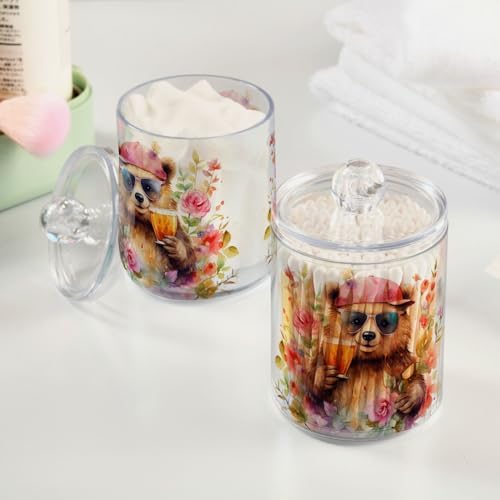 MNSRUU 2 Pack Qtip Holder Organizer Dispenser Animal Bears Pink Bathroom Storage Canister Cotton Ball Holder Bathroom Containers for Cotton Swabs/Pads/Floss