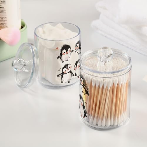 Fustylead 2 Pack Cute Hand Draw Cartoon Penguins Plastic Apothecary Jar Set for Cotton Swab, Ball, Pad, Floss, Qtip Holder Dispensers for Bathroom Storage Organizer