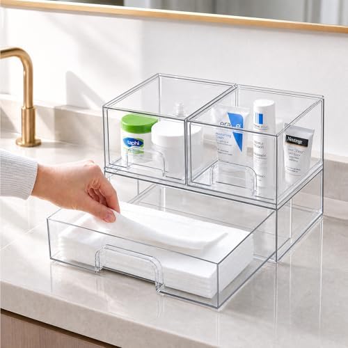 TIPGO Clear Stackable Storage Drawers, Acrylic Bathroom Makeup Organizer, Plastic Bins for Art Tool & Sketch, Durable Containers for Countertop, Cabinet, Vanity, Medicine Organization