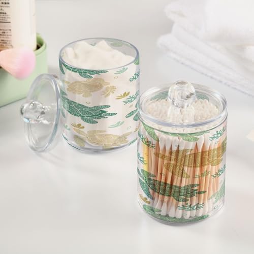 Apothecary Jars Bathroom Storage Organizer with Lid - 14 oz Qtip Holder Dispenser, Tribal Sea Turtle Clear Plastic Canister for Cotton Swab, Cotton Ball, 2PCS