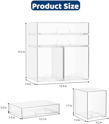 Baby Bottle Organizer Stackable, 4 Pack Clear Stackable Storage Drawers with 3 Stickers & 1 Pen, for Stationery, Cosmetics, Bathroom, Vanity, Countertop & Cabinet ((7.7’’ and 3.4’’Tall)