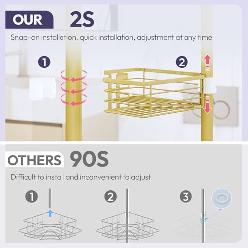 SWTYMIKI Shower Caddy Tension Pole - 4-Tier Corner Shower Organizer Tension Rod with Soap Holder, Toothbrush Holder & 4 Hooks, Adjustable Stainless Steel Shower Shelves 27.6 to 108.3 inch, Gold