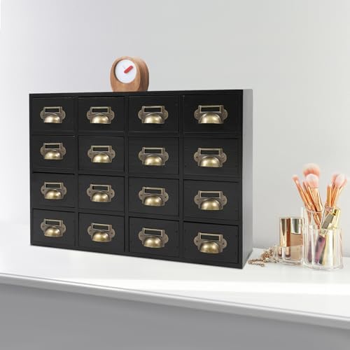 16 Drawers Apothecary Cabinet Library Card Catalog Cabinet Card Catalog Drawer with Metal Handles & Label Slot Wooden Desk Drawer Organizer for Herb Storage, Tea Collection (Black)