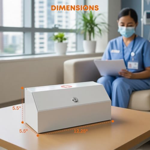 Locking Medicine Cabinet – Wall Mount Steel First Aid Storage Box with Key Lock, Secure Medicine Organizer for Home, Office, Clinic, 12.25" W x 5.25" D x 5.5" H