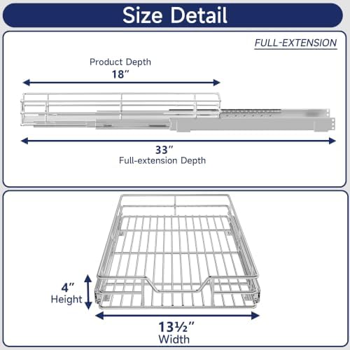 Pull Out Cabinet Organizer, 13.5" W x 18" D, Heavy Duty Chrome Slide Out Shelf for Base Cabinets, Sliding Wire Basket Drawer for Pantry Items, Bowls, Containers & Cleaning Supplies