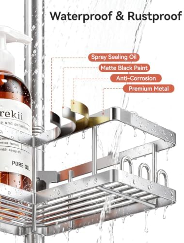 YASONIC Corner Shower Caddy Tension Pole, 25.7-109.1in Adjustable Shower Shelves, Rust-Resistant Shower Organizer, No-Drill 3-Step Installation, Bathroom Shelves for Renters & Family, Silver