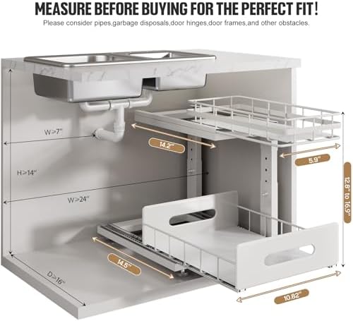 Under Sink Organizer Upgrade To Professional Rails,2-Tier Dual Pull Out Cabinet Storage,Height Adjustable Slide Out Drawers For Bathroom Kitchen,2 Pack-14.5" Dx12.8-16.9" H,White