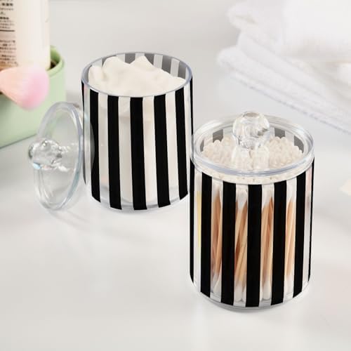 ALAZA Black White Striped 2 Pack Qtip Holder Dispenser for Cotton Swabs, Balls, Pads, Floss 10 oz Plastic Canister Organizer