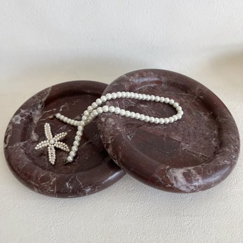 Natural Marble Round Vanity Tray Jewelry Makeup Dish Decorative Tray for Coffee Table,Bathroom,Bedroom (Rosa Levanto)