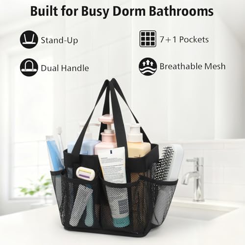 F-color Mesh Shower Caddy Portable - Stand Up 8 Pockets for Dorm, Black