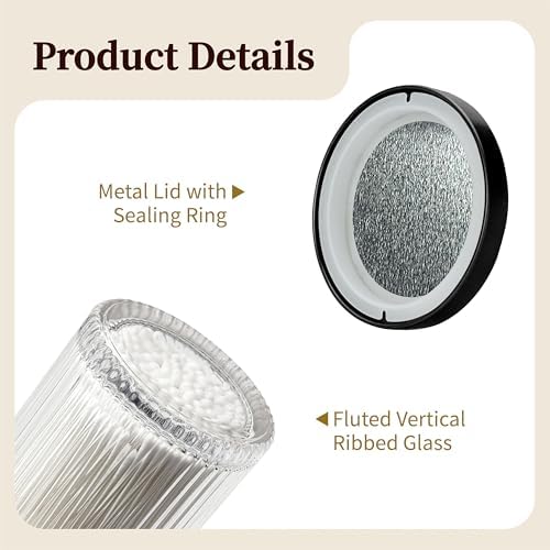 2 Pack Qtip Holder Dispenser with Metal Lids | Ribbed Glass Canister Set for Bathroom Vanity (Black 2 Pcs)