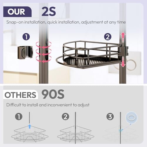 SWTYMIKI Shower Caddy Tension Pole - 4-Tier Corner Shower Organizer Tension Rod, Toothbrush Holder & 4 Hooks, Adjustable Stainless Steel Bathroom Organizer 27.6 to 108.3 inch, Black with Towel Bar