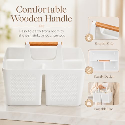 Haundry Plastic White Shower Caddy Basket with 3 Compartments, Portable Divided Bathroom Cleaning Caddy Organizer Storage Tote with Handle for Dorm, College, Room Essentials