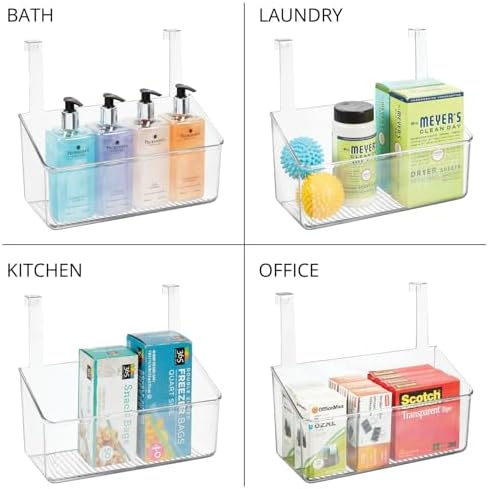 mDesign Plastic Over Cabinet Door Storage Organizer Bin for Kitchen, Pantry, Bathroom, Laundry, Utility Room - Hang Outside or Inside Door - Holds Lunch Bags, Shampoo, Cleaning Supplies, Large - Clear