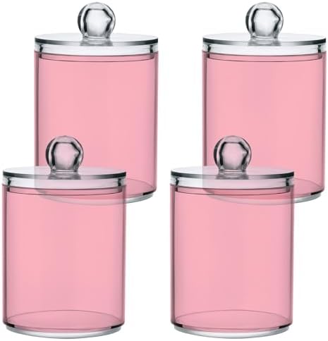 Gredecor 4 Pack Light Pink Qtip Holder Organizer Dispenser Clear Bathroom Storage Canister Cotton Ball Holder Bathroom Containers for Cotton Swabs/Pads/Floss