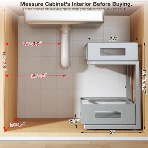 Under Sink Organizer,2-Tier Dual Pull Out Cabinet Organizer Drawers With Smooth Circular Rail,Large Capacity Metal Mesh Sliding Shelves For Bathroom& Kitchen Storage,Height Adjustable–Gun Gray,2 Packs