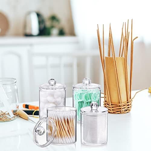 Surakey 3 Pack Qtip Holder Dispenser for Cotton Ball Cotton Swab Cotton Round Pads Floss - Clear Plastic Apothecary Jar Set for Bathroom Canister Storage Vanity Makeup Organizer