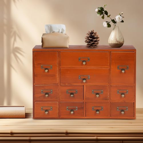 12 Drawers Apothecary Cabinet Library Card Catalog Cabinet Card Catalog Drawer with Metal Handles & Label Slot Wooden Desk Drawer Organizer for Herb Storage, Tea Collection (Brown)