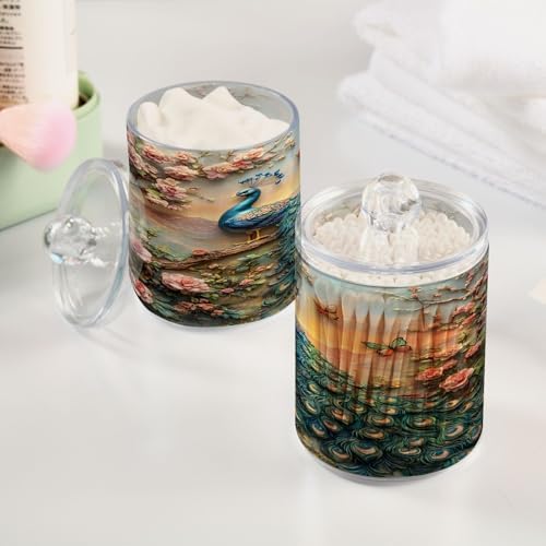 ALAZA Peacock Butterfly Peony 2 Pack Qtip Holder Dispenser for Cotton Swabs, Balls, Pads, Floss 10 oz Plastic Canister Organizer