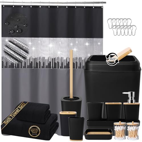 XLHOMO Black Bathroom Accessories with Glitter Shower Curtain,Towel Set 24 PCS Bathroom Set with Shower Curtain Set Bathroom Set Black Shower Curtain with Bathroom Trash Can