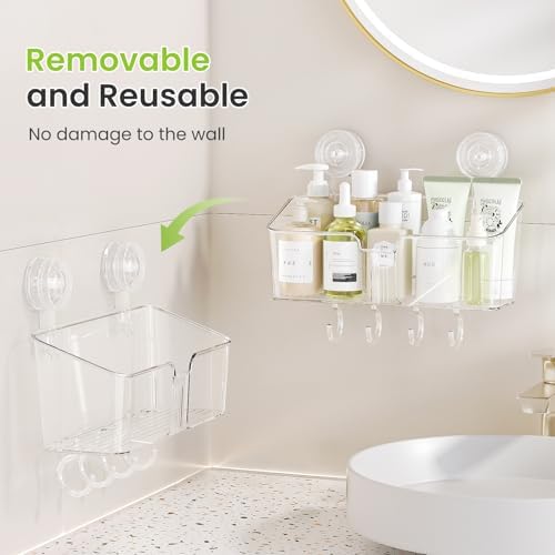 LUXEAR Shower Caddy Suction Cup, No Drilling Strong Hold Shower Organizer with Hooks & Soap Dish Fast Draining Removable Reusable Bathroom Storage Shelf Friendly for Bathroom/Kitchen/RV 22LBS Capacity