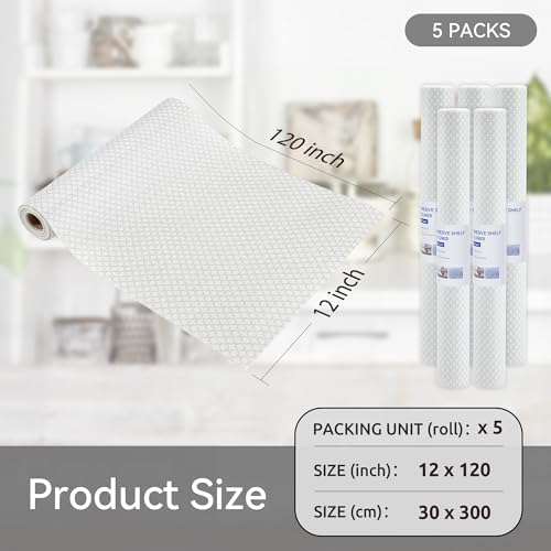 FIFTY FEET 12"x120" Non-Adhesive Shelf Liner for Kitchen Cabinets and Drawers, Washable Non-Slip PVC Cabinet Liner (White Circle)(5 Roll)