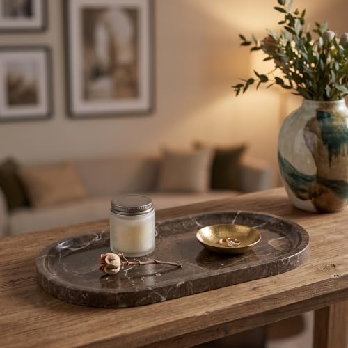 YKAJO Dark Emperador Oval Marble Tray, 11.8x5.9 Vanity Perfume Organizer