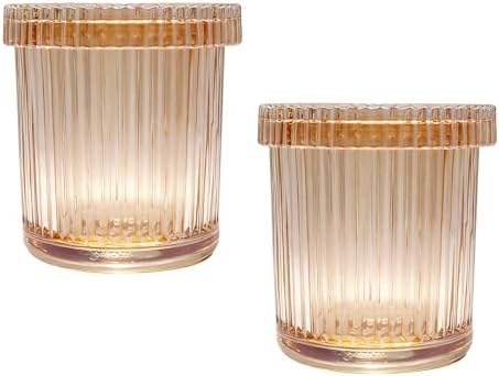Bathroom Organizers and Storage, 2 Pack Glass Qtip Holder Canisters with Lids, Crystal Clear Apothecary Jars for Cotton Balls, Swabs, Floss, Candy & Makeup Pads (Amber)