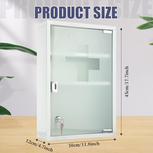 Timgle First Aid Wall Cabinet with Lock Medicine Wall Mounted Bathroom Storage Hanging Medical Cabinet with Safety Glass Door for Bathroom (3 Shelves,White)
