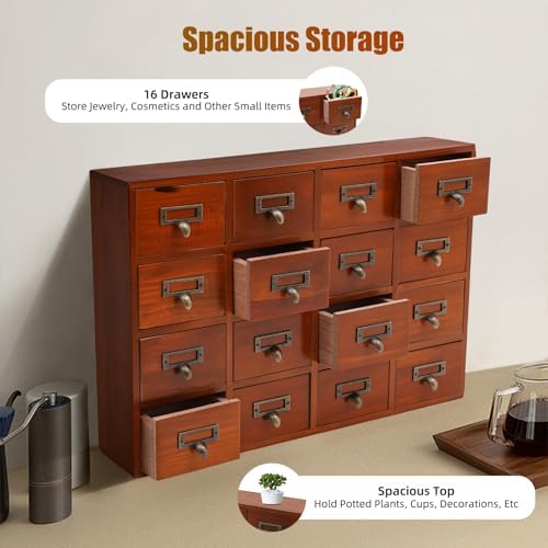 Apothecary Cabinet with 16 Drawers Card Catalog Cabinet, Library Card Catalog Drawer with Metal Handles & Label Slot Wooden Desk Drawer Organizer for Herb Storage, Tea Collection (Brown)