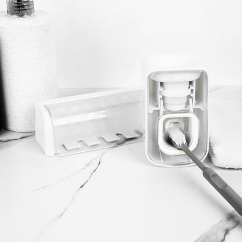 5 Slots Wall Mount Toothbrush Holder with Cover, Self Adhesive Toothbrush Storage Organizer for Shower, Toothbrush Hanger with Automatic Toothpaste Squeezer Dispenser