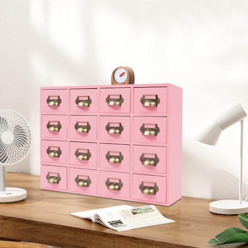 16 Drawers Apothecary Cabinet Library Card Catalog Cabinet Card Catalog Drawer with Metal Handles & Label Slot Wooden Desk Drawer Organizer for Herb Storage, Tea Collection (Pink)