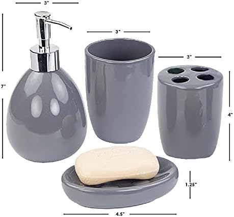 4-Piece Ceramic Bathroom Set (Grey), By Home Basics | Contemporary Design Bathroom Accessory Sets | Accessories For Bathroom | Includes Soap Dish, Tumbler, Toothbrush Holder, and Lotion Dispenser