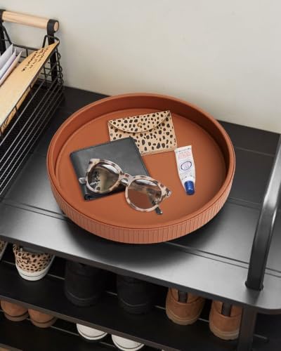 HofferRuffer Round Decorative Tray, Faux Leather Vanity Tray Decor, Decorative Catchall for Perfume, Bathroom Valet, Nightstand or Dresser (Brown Stripe, 12")