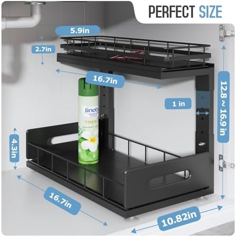 Under Sink Organizer Upgrade To Professional Rails,2-Tier Dual Pull Out Cabinet Storage,Height Adjustable Slide Out Drawers For Bathroom Kitchen,2 Pack-16.7"Dx12.8"-16.9"H,Black