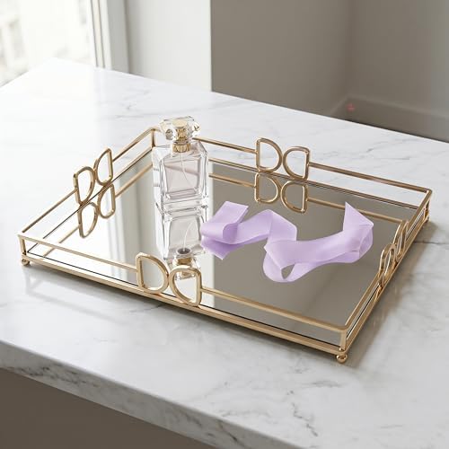 13X 10 Inch Glass and Gold Rectangle Tray ，Dinner Plate Perfume and Vanity Tray - Decorative Mirrored Vanity Tray with Gold Metal Cutout Design, Jewelry Organizer (13 Inch DD Tray)