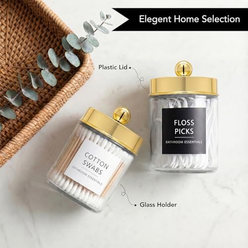 Amolliar Glass Apothecary Jars Qtip Holder w/Plastic Lids,Gold 2pc
