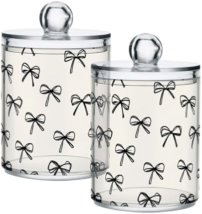ALAZA 2 Pack Qtip Holder Black Bow Pattern, Cotton Swab Dispenser with Lid Bathroom Containers Canister Organizer Storage Jar