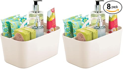 mDesign Small Plastic Shower/Bath Storage Organizer Caddy Tote with Handle for Dorm, Shelf, Cabinet - Hold Soap, Shampoo, Conditioner, Combs, Brushes, Lumiere Collection, Cream/Beige (Pack of 2)