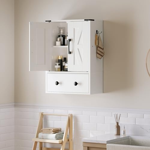 YATINEY Bathroom Wall Cabinet, Medicine Cabinet with Fabric Drawer, Double-Door Wall Mounted Storage Cabinet, 2 Hooks, Over The Toilet Space Saver Storage Cabinet, for Bathroom, Kitchen, White