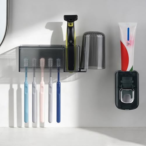 5 Slots Wall Mount Toothbrush Holder with Cover, Self Adhesive Toothbrush Storage Organizer for Shower, Toothbrush Cup Hanger with Automatic Toothpaste Squeezer Dispenser